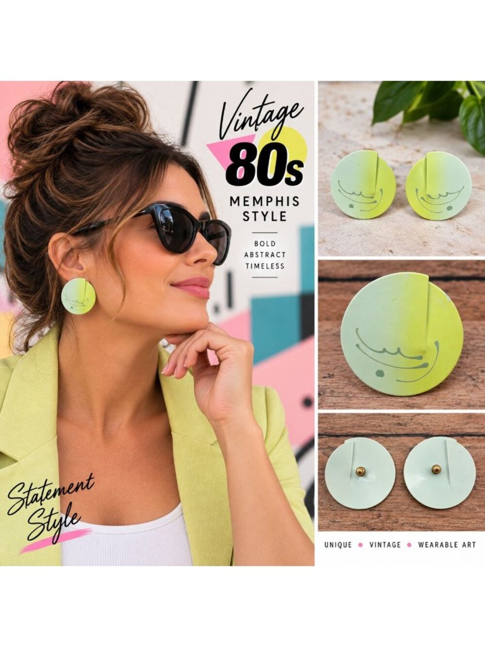 Vintage 80s Memphis Style Earrings Cream Yellow Abstract Geometric Statement